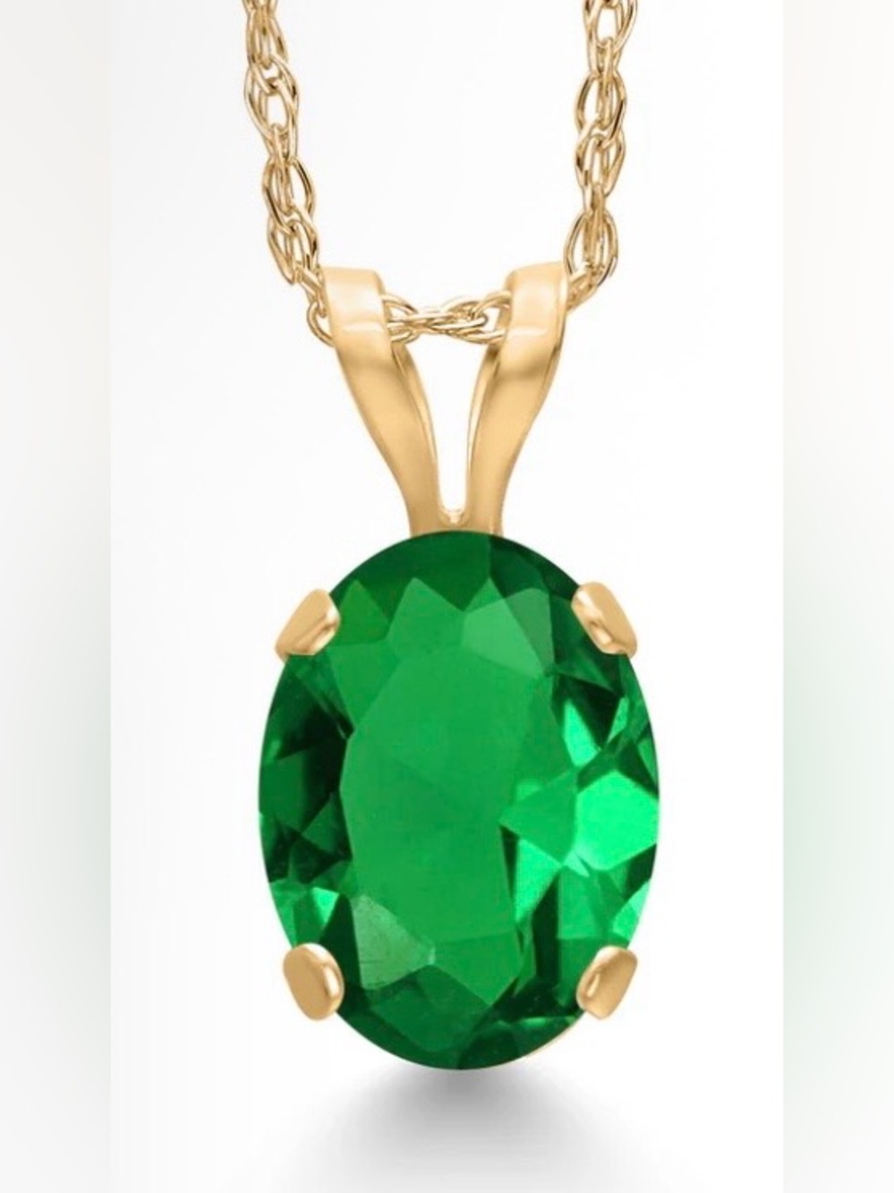 Gold Pendant with Oval Emerald-Green CZ Gemstone & 18 Inch Chain